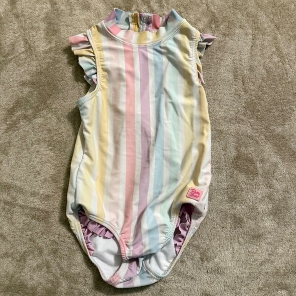 RuffleButts Girls Pastel Rainbow Stripe Ruffle One Piece Swimsuit 4T Zip Back